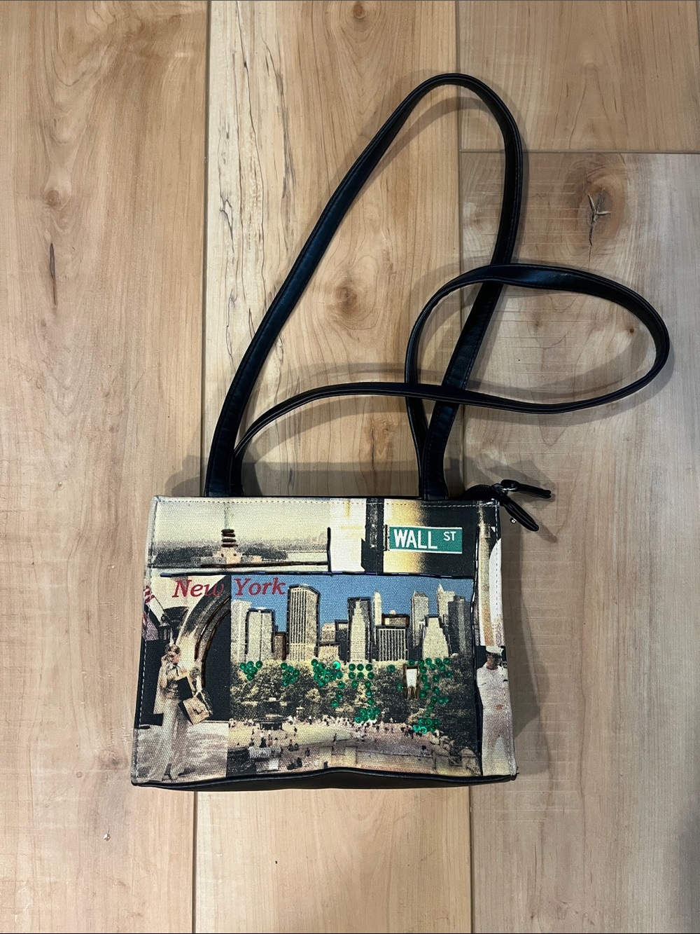 New York Printed Crossbody Bag in Black and Multi-Color